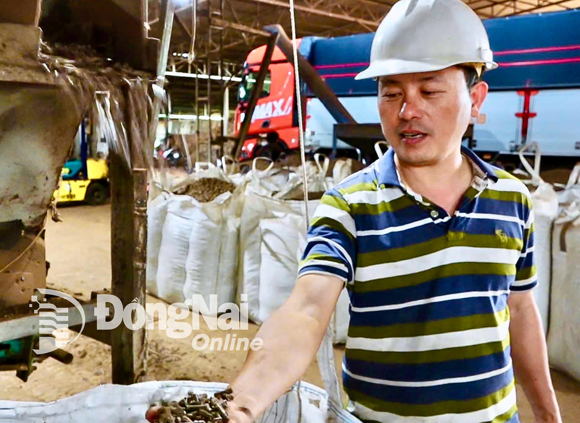 Nông dân Hồ Sỹ Đại bên Cơ sở Sản xuất viên nén gỗ Đại Phát (đóng tại phường Bảo Vinh) của gia đình.