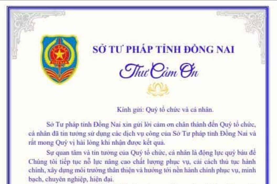 Sở Tư pháp Đồng Nai triển khai việc gửi thư cảm ơn người dân khi giải quyết thủ tục hành chính