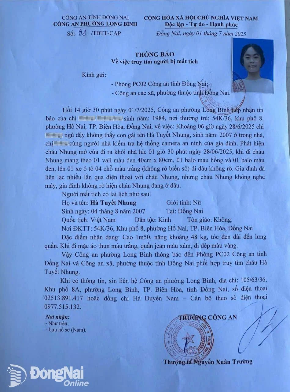 Thông báo của Công an phường Long Bình tìm người nghi mất tích. Ảnh: CA
