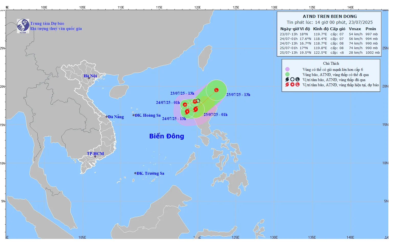 Bản đồ dự báo quỹ đạo và cường độ áp thấp nhiệt đới trên biển Đông lúc 14h ngày 23-7