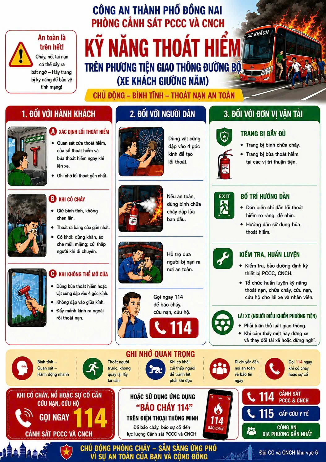 Công an thành phố Đồng Nai hướng dẫn kỹ năng thoát hiểm trên phương tiện giao thông đường bộ.