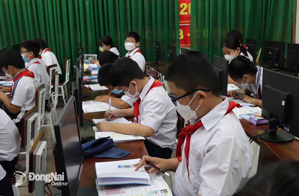 Học sinh Trường tiểu học Nguyễn An Ninh học môn Tin học. Đây là một trong số ít trường học có phòng tin học