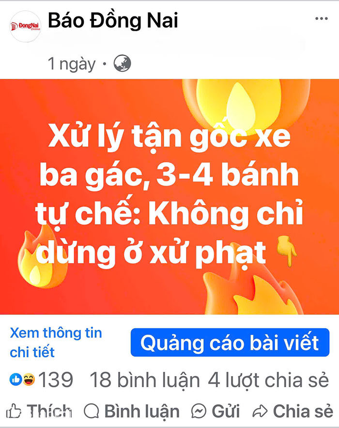 Bài viết Xử lý tận gốc xe ba gác, xe 3-4 bánh tự chế: Không chỉ dừng ở xử phạt được chia sẻ trên Facebook Báo Đồng Nai.  Ảnh chụp màn hình