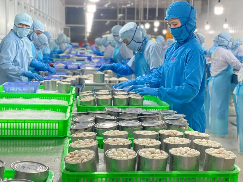 Nhân viên đóng hộp thịt càng ghẹ tại nhà máy Công ty Seaspimex (TP. Hồ Chí Minh) đạt chuẩn Halal. (Ảnh: Khánh Ly/Vietnam+)