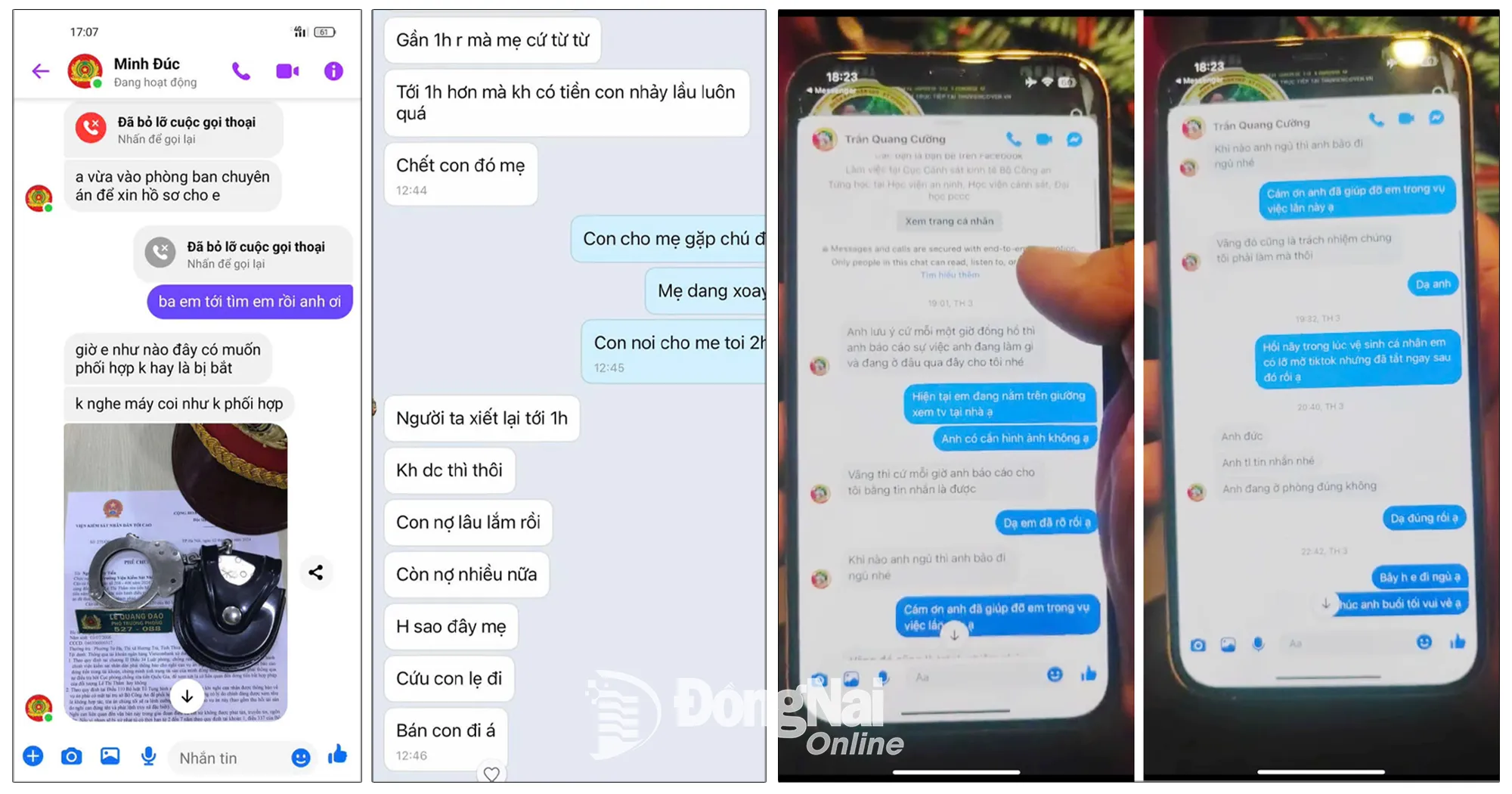 Những hình ảnh, tin nhắn mà các đối tượng lừa đảo dùng để khống chế, uy hiếp nạn nhân. Ảnh: Trần Danh