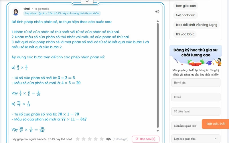 Giao diện FQA hiển thị lời giải và phần giải thích từng bước.