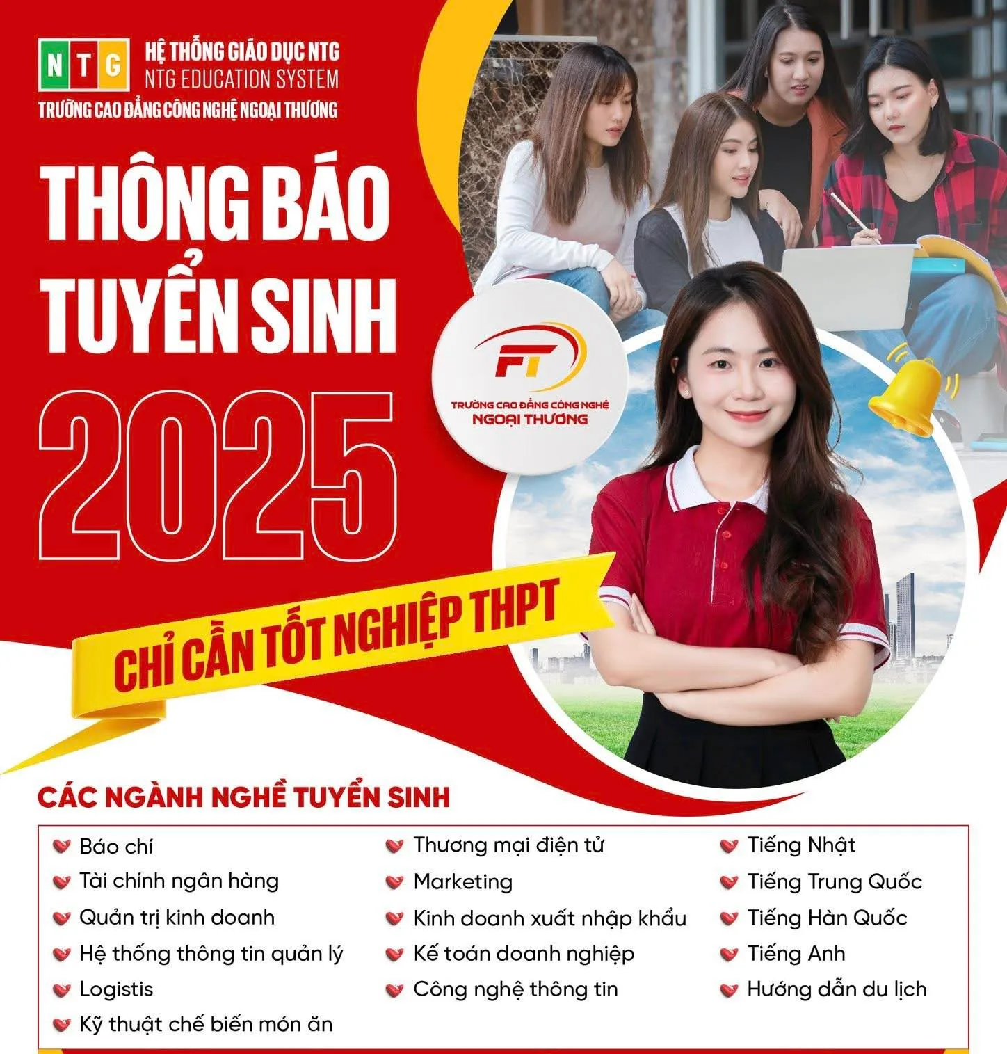 Trường cao đẳng Công nghệ - Ngoại thương xét tuyển cao đẳng chính quy 16 ngành nghề.