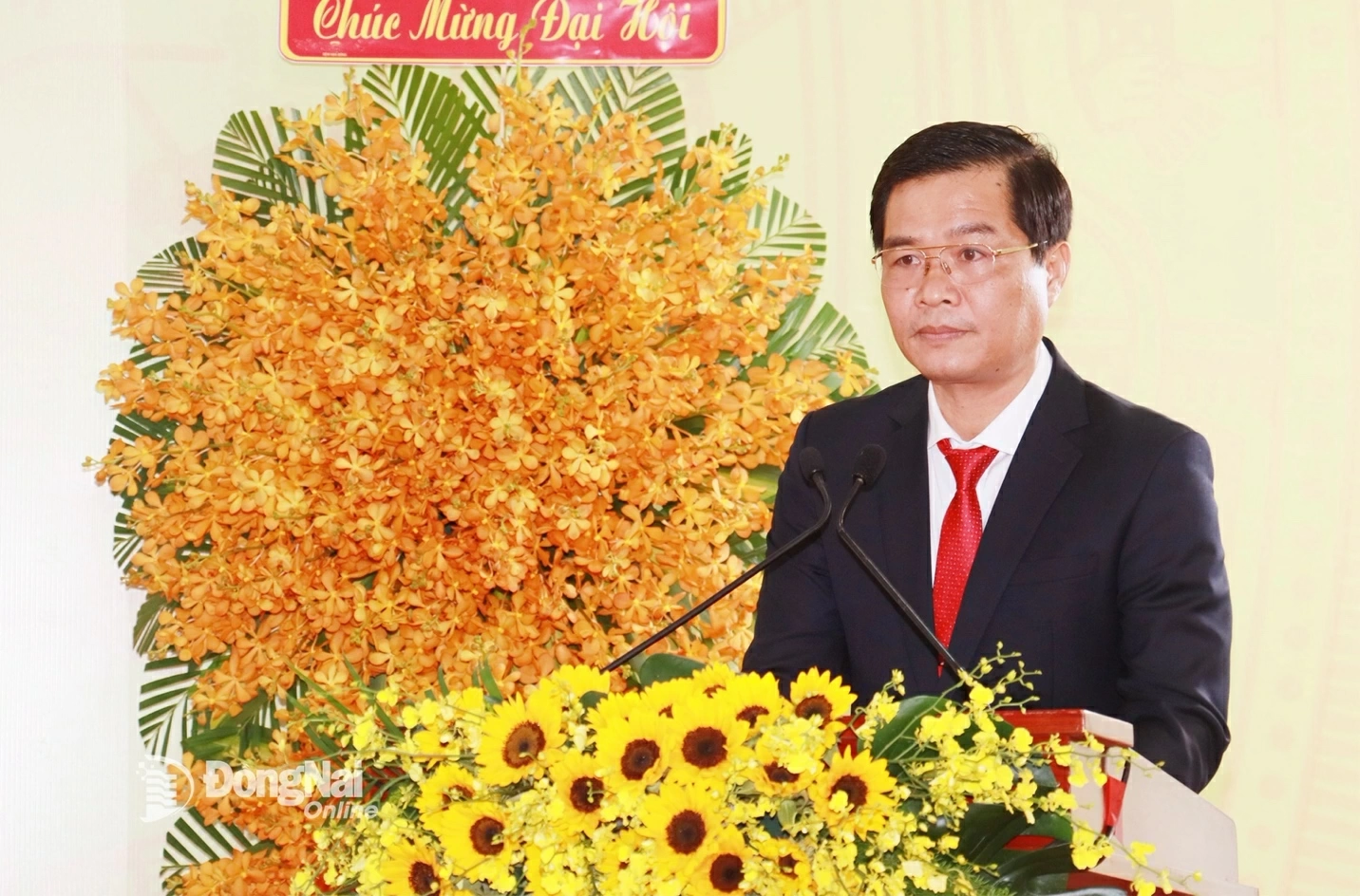 Hoa Van Dinh, Deputy Secretary of the Party Committee and Chairman of the People’s Committee of Thuan Loi Commune, delivers the review report of the Commune Party Executive Committee for the 2020–2025 term at the congress. Photo: Nhu Nam