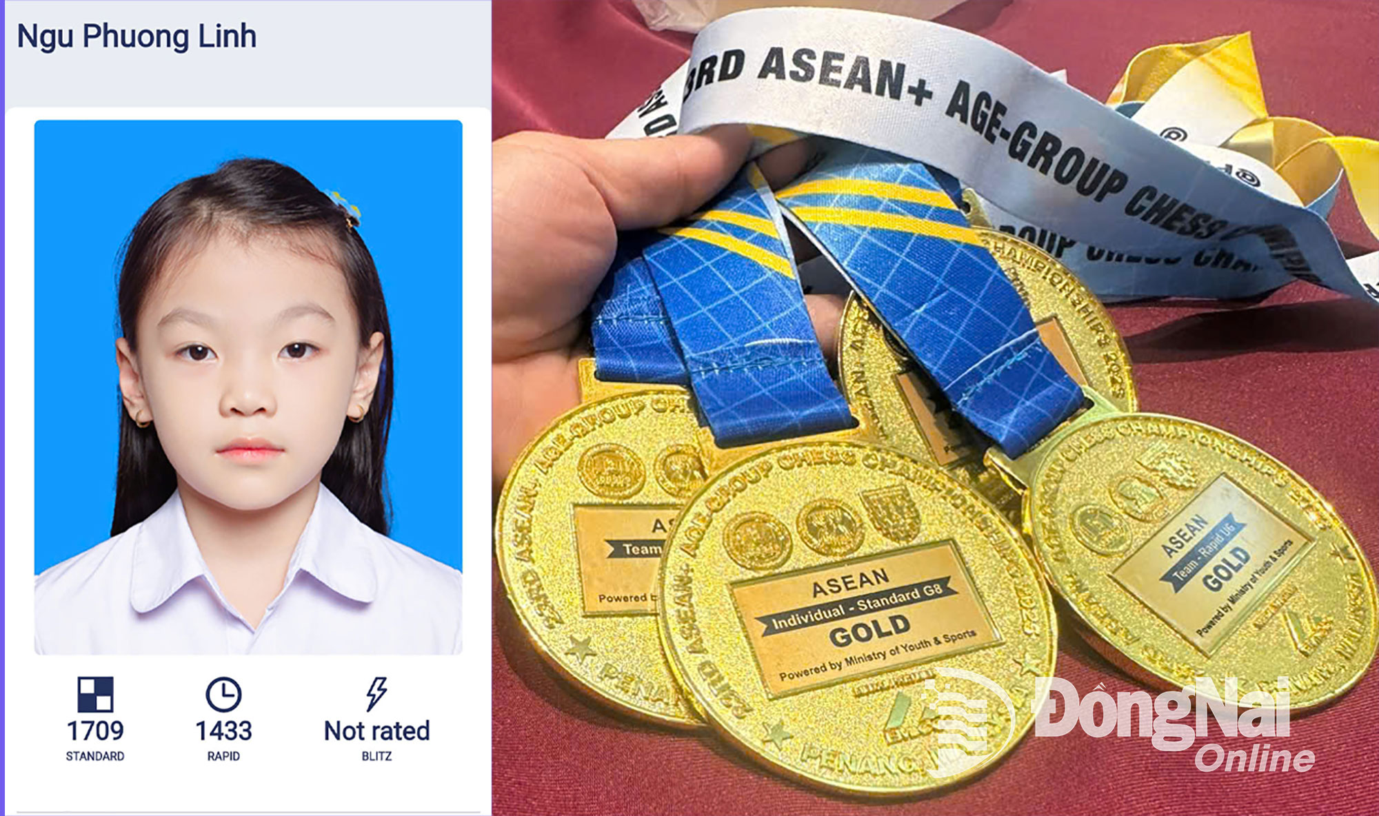 Ngu Phuong Linh has an Elo rating of 1,709 along with her gold medals from the 2025 Southeast Asian Age Group Chess Championship. Photo: Provided by the character.