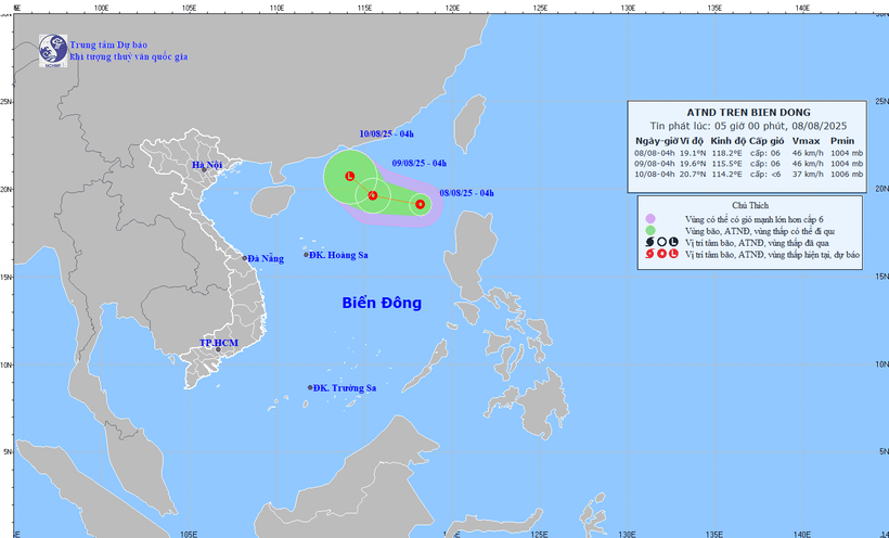 Bản đồ dự báo quỹ đạo và cường độ áp thấp nhiệt đới lúc 5 giờ sáng 8/8/2025. (Ảnh: Trung tâm Dự báo khí tượng thủy văn quốc gia)