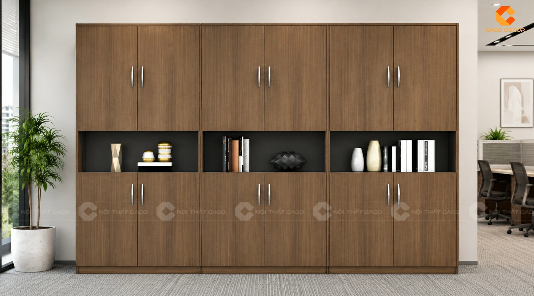 Tủ đựng tài liệu gỗ MDF phủ Melamine kết hợp kệ trang trí.