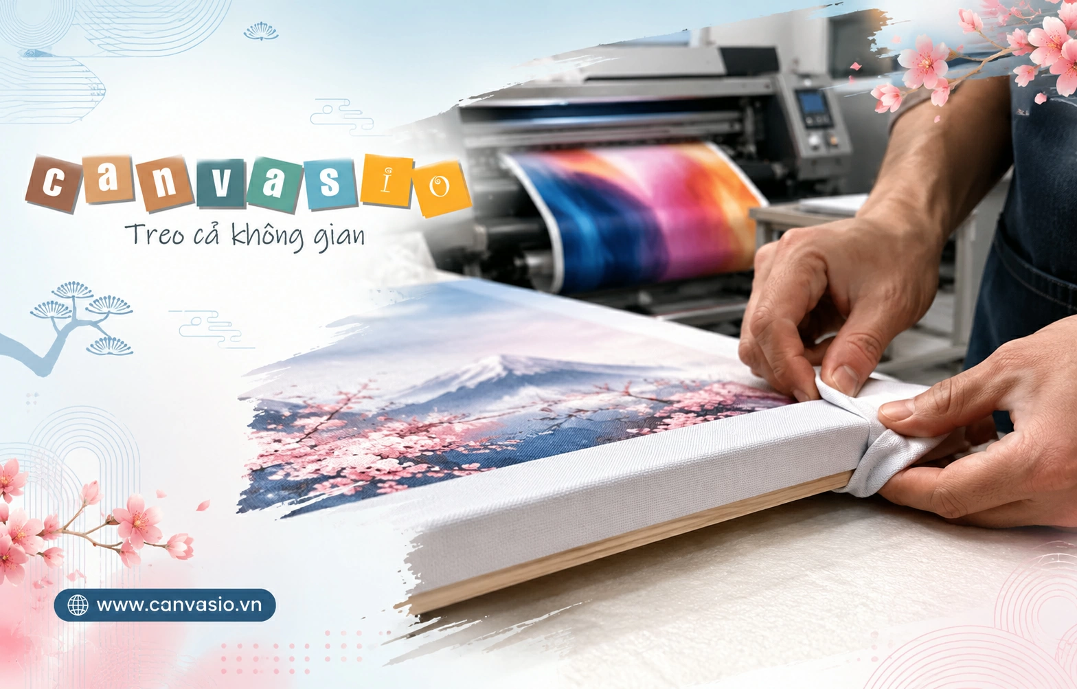 Công đoạn căng khung thủ công tỉ mỉ trên chất liệu vải Canvas cao cấp tại xưởng in Canvasio.
