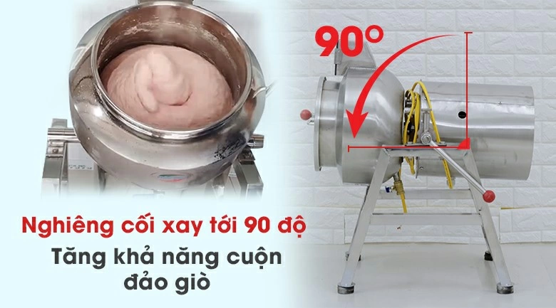 Máy xay giò chả công nghiệp có thể nghiêng cối xay tới 90 độ giúp lấy thành phẩm nhanh chóng, nhẹ nhàng.