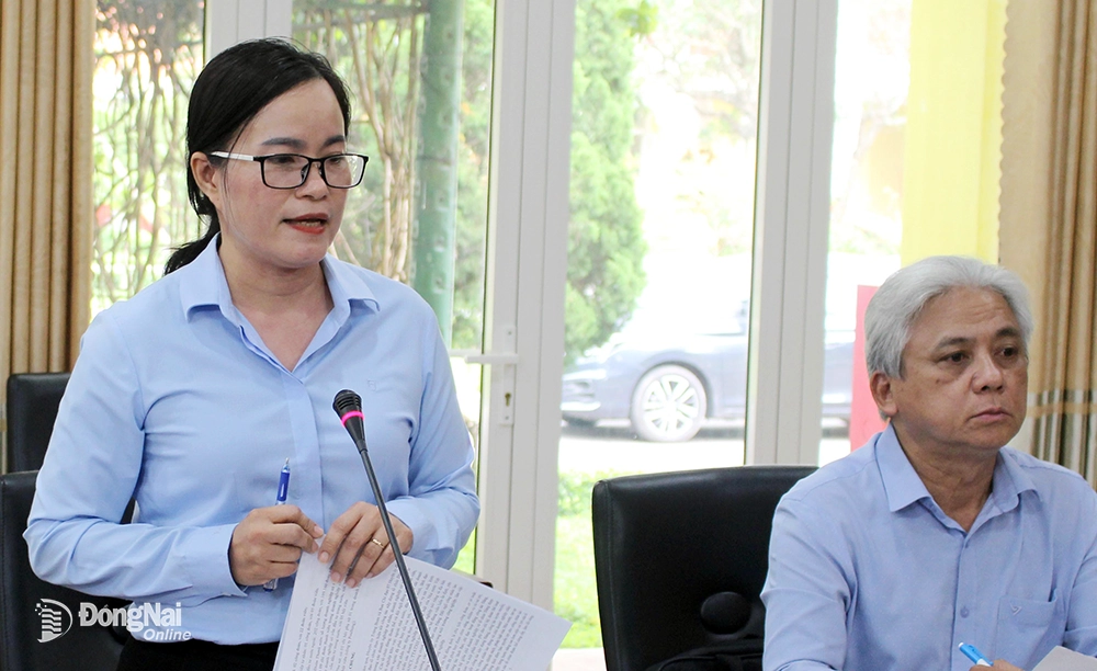 Phó trưởng ban Tuyên giáo Tỉnh ủy Nguyễn Thị Hồng Trang nêu ý kiến tại buổi khảo sát