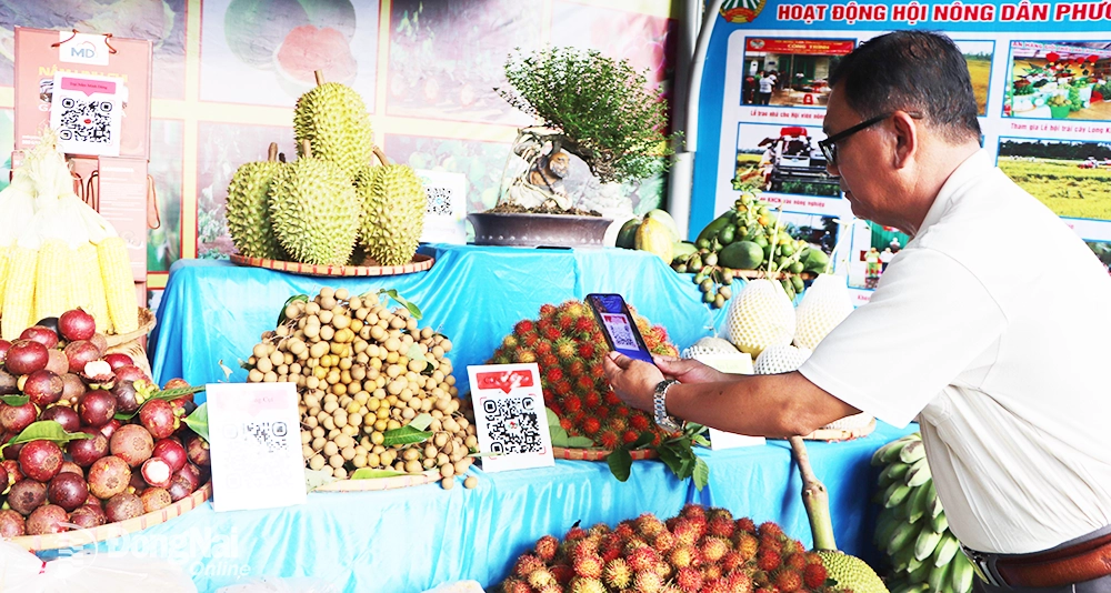 Người tiêu dùng truy xuất nguồn gốc trái cây tại Tuần lễ tôn vinh trái cây và sản phẩm OCOP tỉnh Đồng Nai năm 2023 tại TP.Long Khánh. Ảnh: B.Nguyên