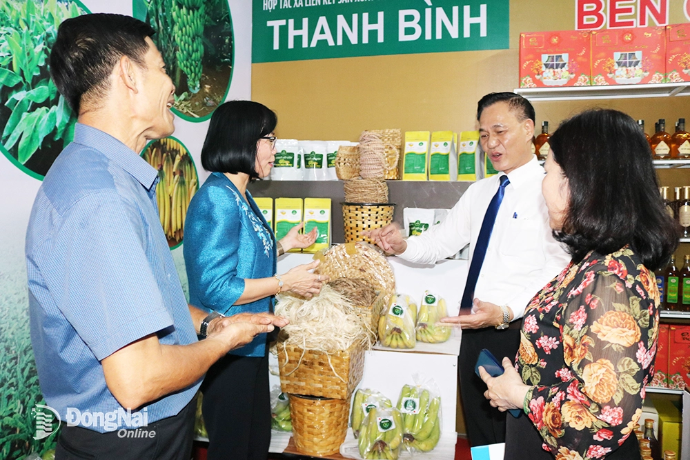 Lãnh đạo tỉnh tham quan gian hàng trưng bày sản phẩm của HTX Thanh Bình, đơn vị đang tích cực tham gia chương trình OCOP. Ảnh: Đ.LÊ