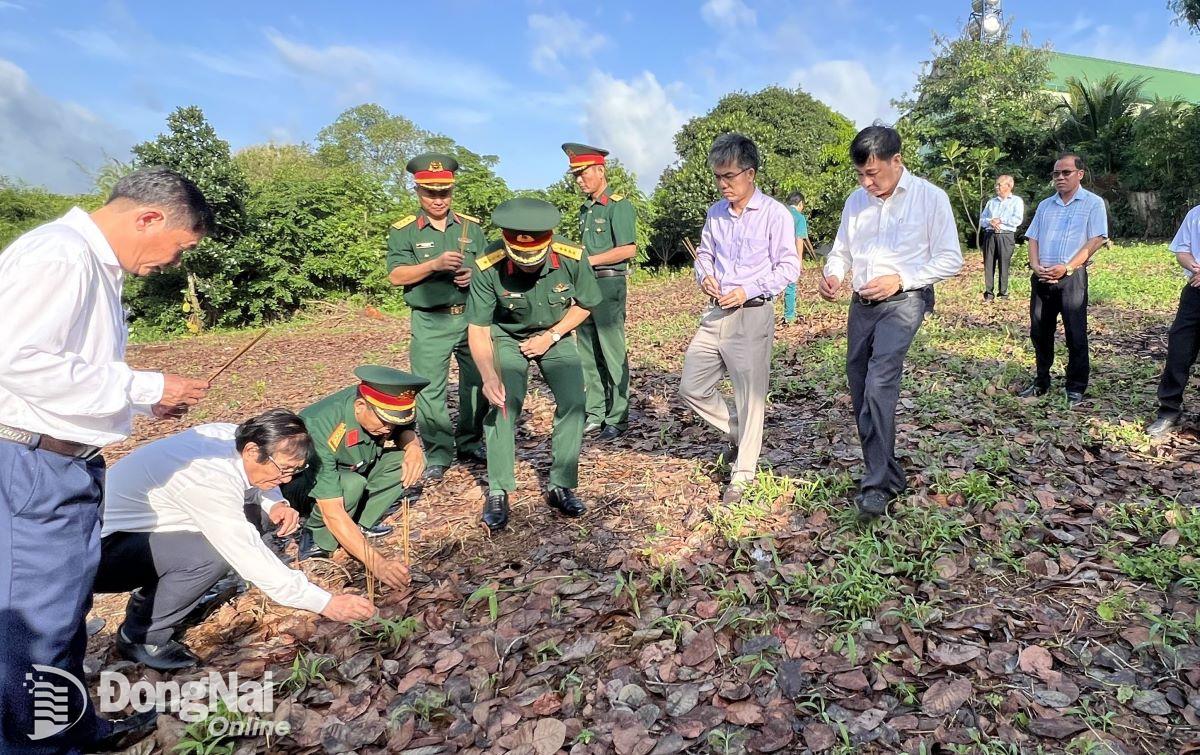 Phó chủ tịch UBND tỉnh Nguyễn Sơn Hùng khảo sát, thắp hương tại một số vị trí được cho là có khả năng tìm được hài cốt liệt sĩ. Ảnh: Nguyệt Hà