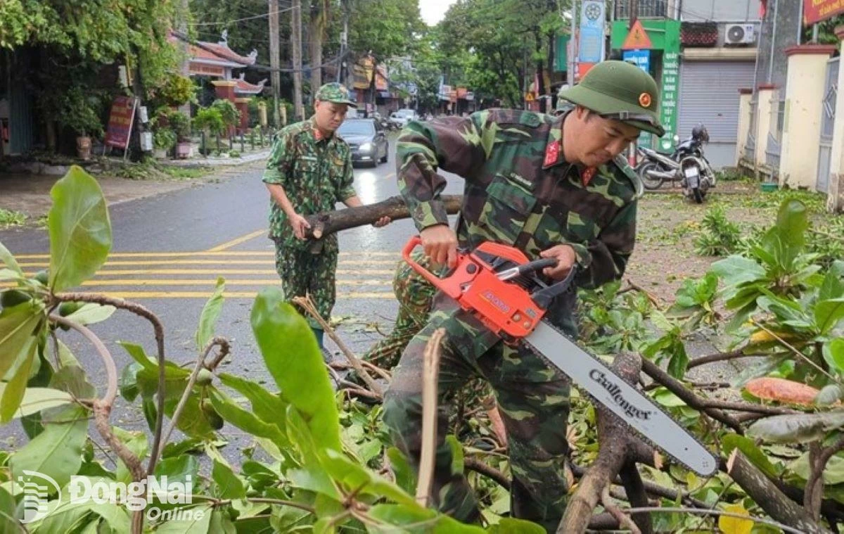 Cán bộ chiến sĩ Bộ Tư lệnh Thủ đô Hà Nội giúp dân khắc phục hậu quả bão số 3. Ảnh: VP BQP