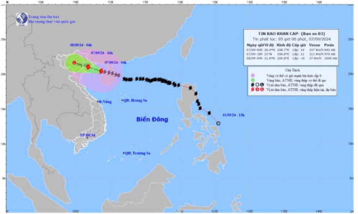 Bản đồ dự báo quỹ đạo và cường độ bão số 3 phát lúc 5 giờ, ngày 7-9