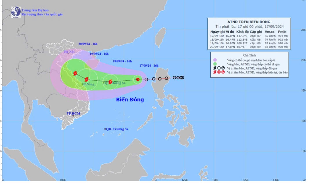 Bản đồ dự báo quỹ đạo và cường độ áp thấp nhiệt đới phát lúc 17giờ, ngày 17-9
