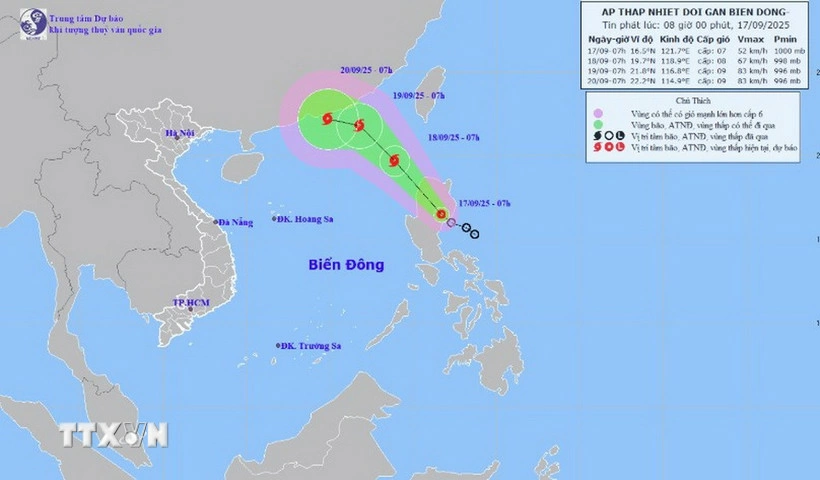 Vị trí và đường đi của áp thấp nhiệt đới lúc 7h ngày 17/9/2025. (Nguồn: Trung tâm Dự báo Khí tượng Thủy văn Quốc gia)
