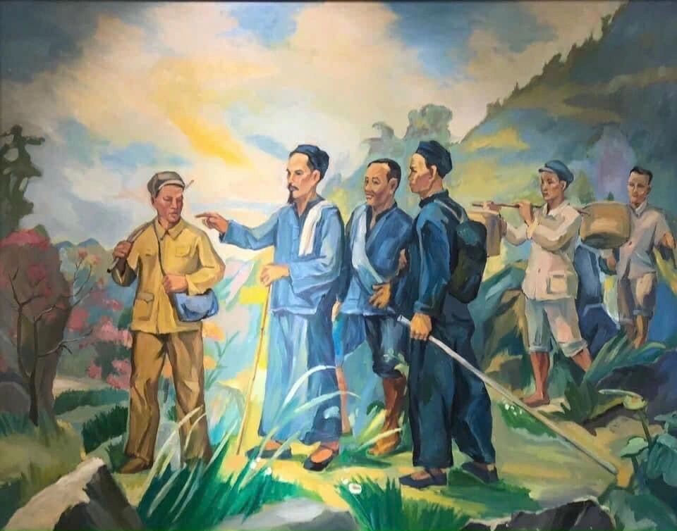 After 30 years of traveling abroad in search of a path for National salvation, on January 28, 1941, leader Nguyen Ai Quoc and fellow revolutionaries returned to Pac Bo, Truong Ha commune, Cao Bang province to establish a revolutionary base in preparation for the general uprising. Painting: Trinh Phong

