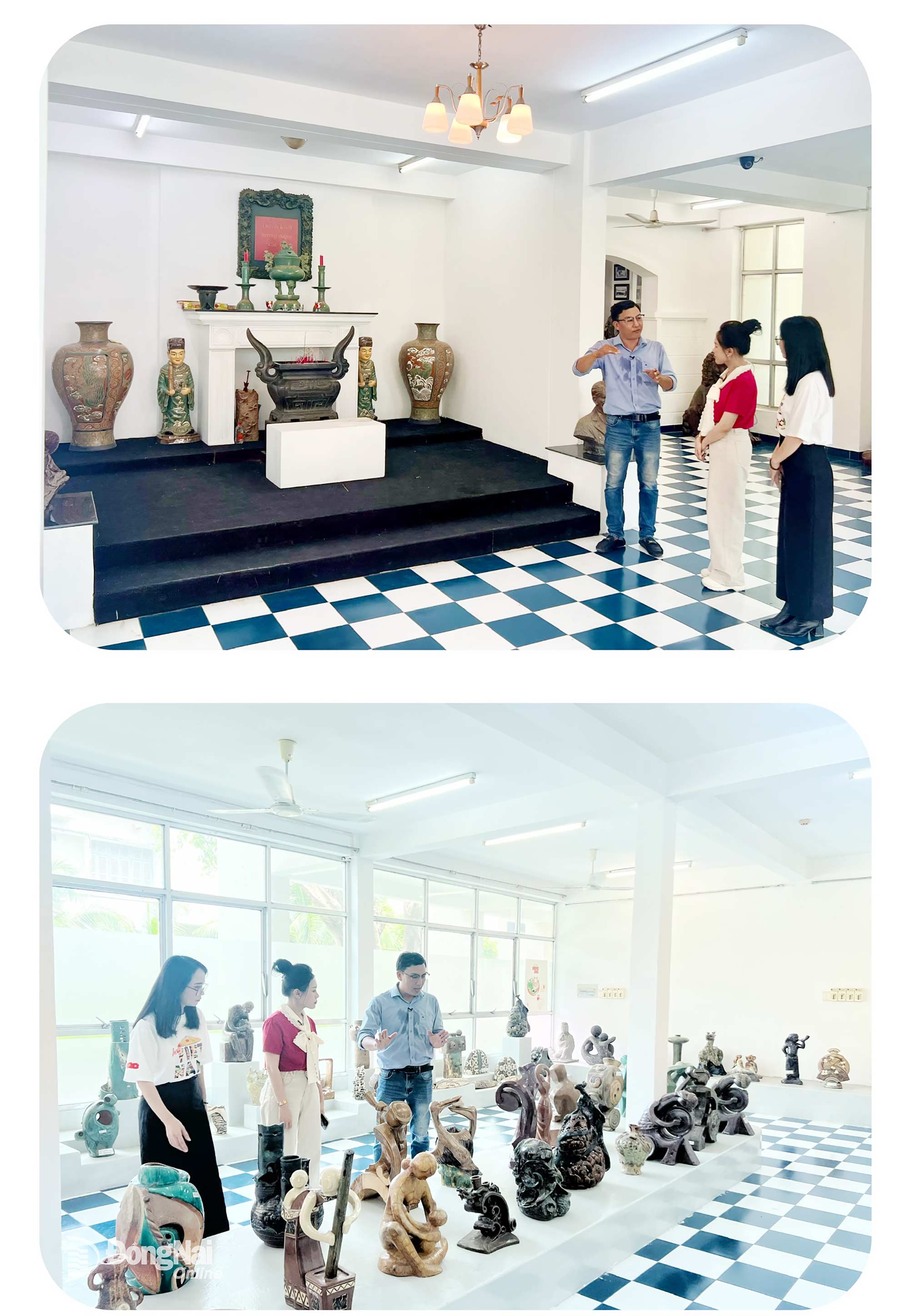 Không gian Phòng Trưng bày với bàn thờ các vị Tiên sư và những tác phẩm gốm đặc sắc của sinh viên qua các thời kỳ được giảng viên Trần Văn Hào giới thiệu đến chương trình. Ảnh: Thanh Thùy