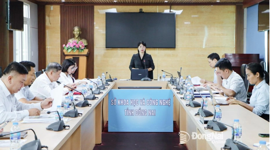 Deputy Director of the Department of Science and Technology of Dong Nai province Trinh Thi Hoa spoke at the meeting. Photo: T.Q