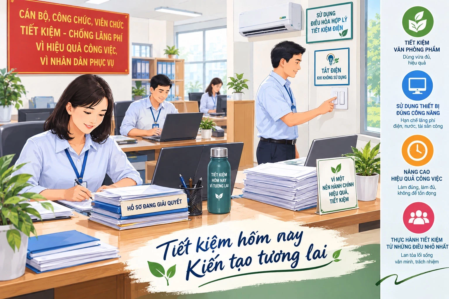 Thực hành tiết kiệm, chống lãng phí là yêu cầu bắt buộc đối với tổ chức, cá nhân trong cơ quan nhà nước. Ảnh minh họa: AI
