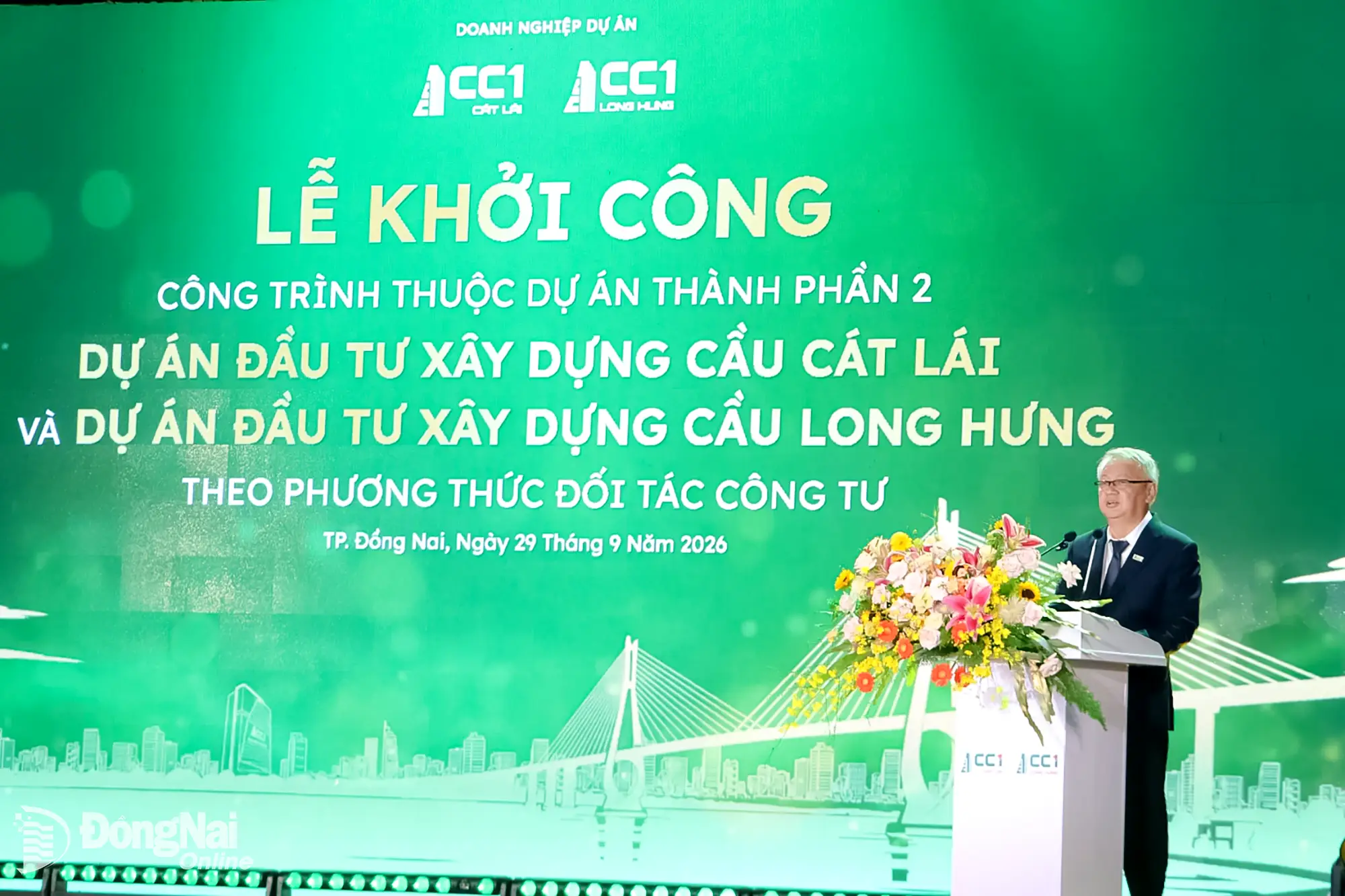 A representative of the Cat Lai bridge project company speaks at the groundbreaking ceremony. Photo: Pham Tung

