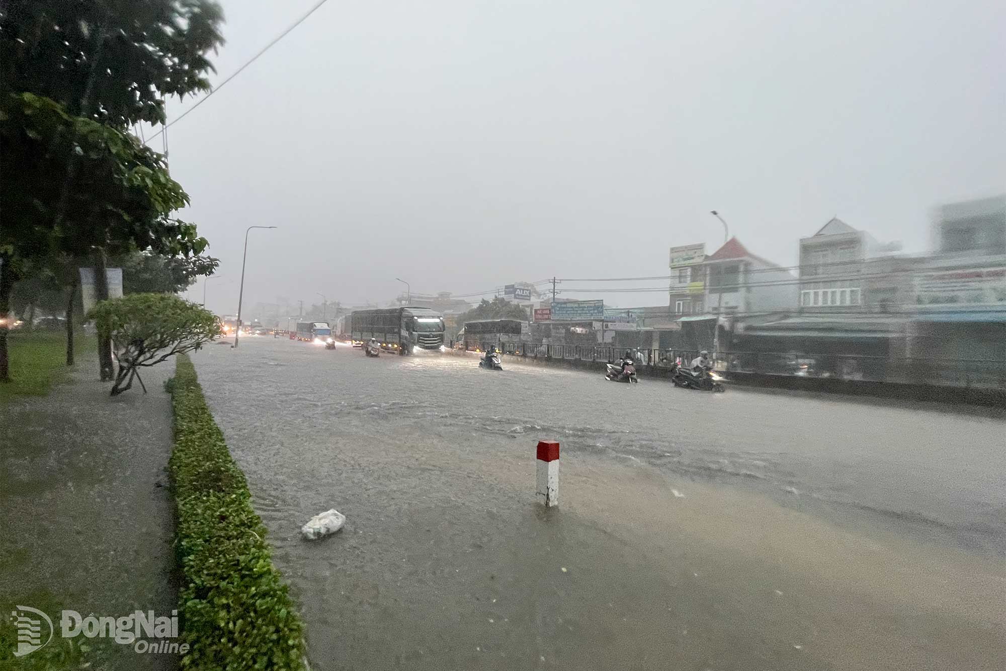 Đoạn quốc lộ 1, trước Bệnh viện Nhi đồng Đồng Nai, phường Tam Hiệp ngập khiến các phương tiện đi lại khó khăn. Ảnh: Lê Duy
