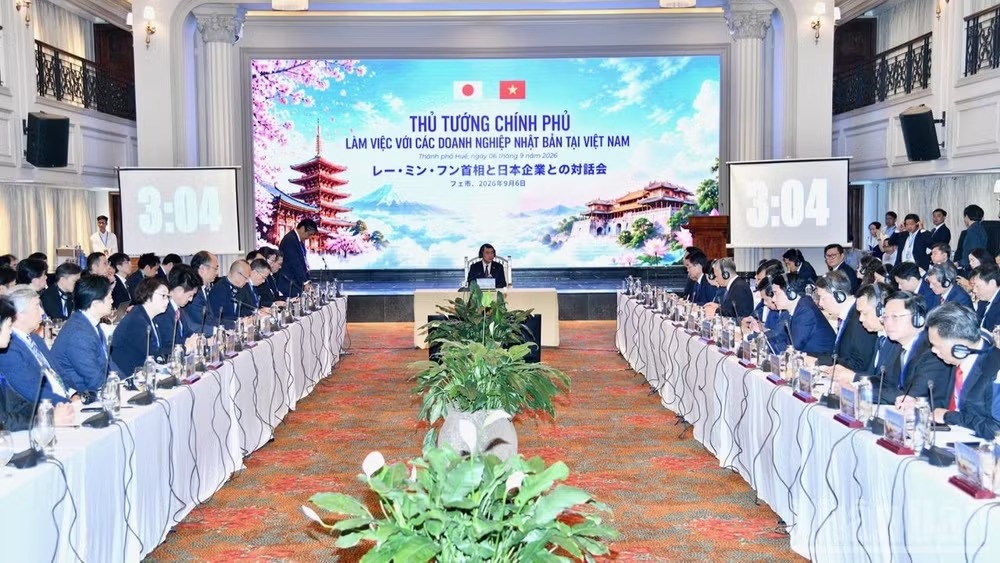 Quang cảnh cuộc làm việc giữa Thủ tướng Chính phủ Lê Minh Hưng với các doanh nghiệp Nhật Bản tại Việt Nam. (Ảnh: THANH GIANG)

