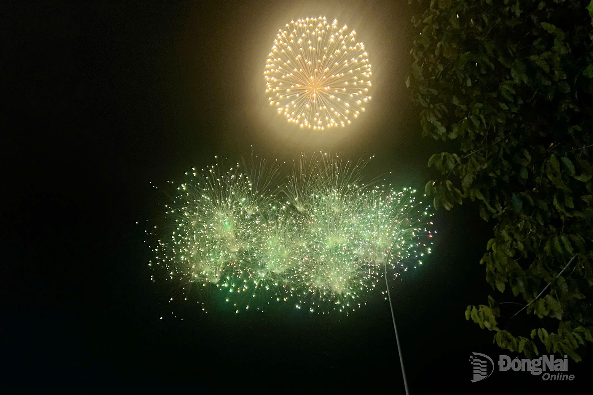 Fireworks light up the sky over Dai Phuoc Commune.

