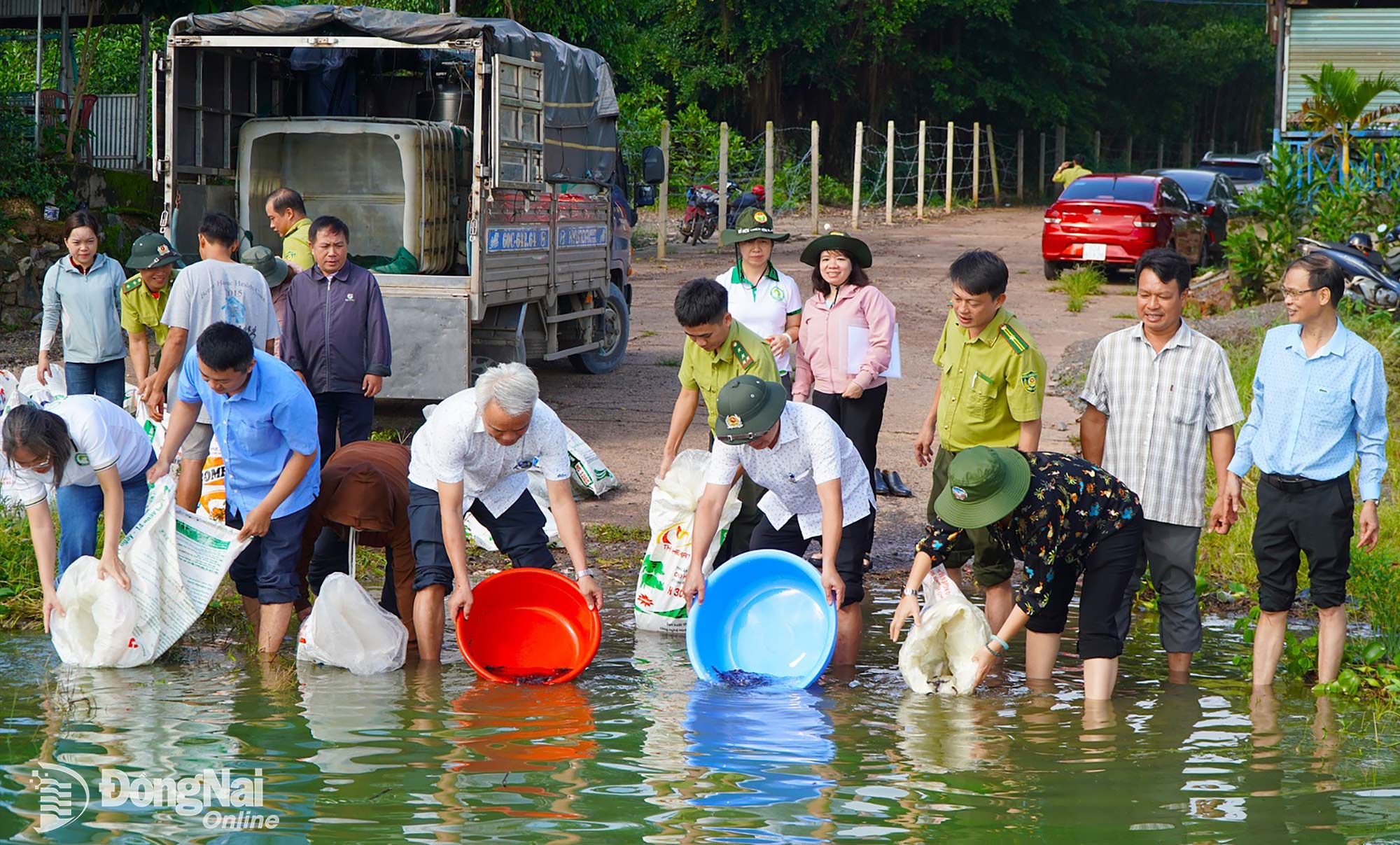 Officials and staff of the Dong Nai Nature-Culture Reserve release fish into Tri An Lake. Photo: An Nhon

