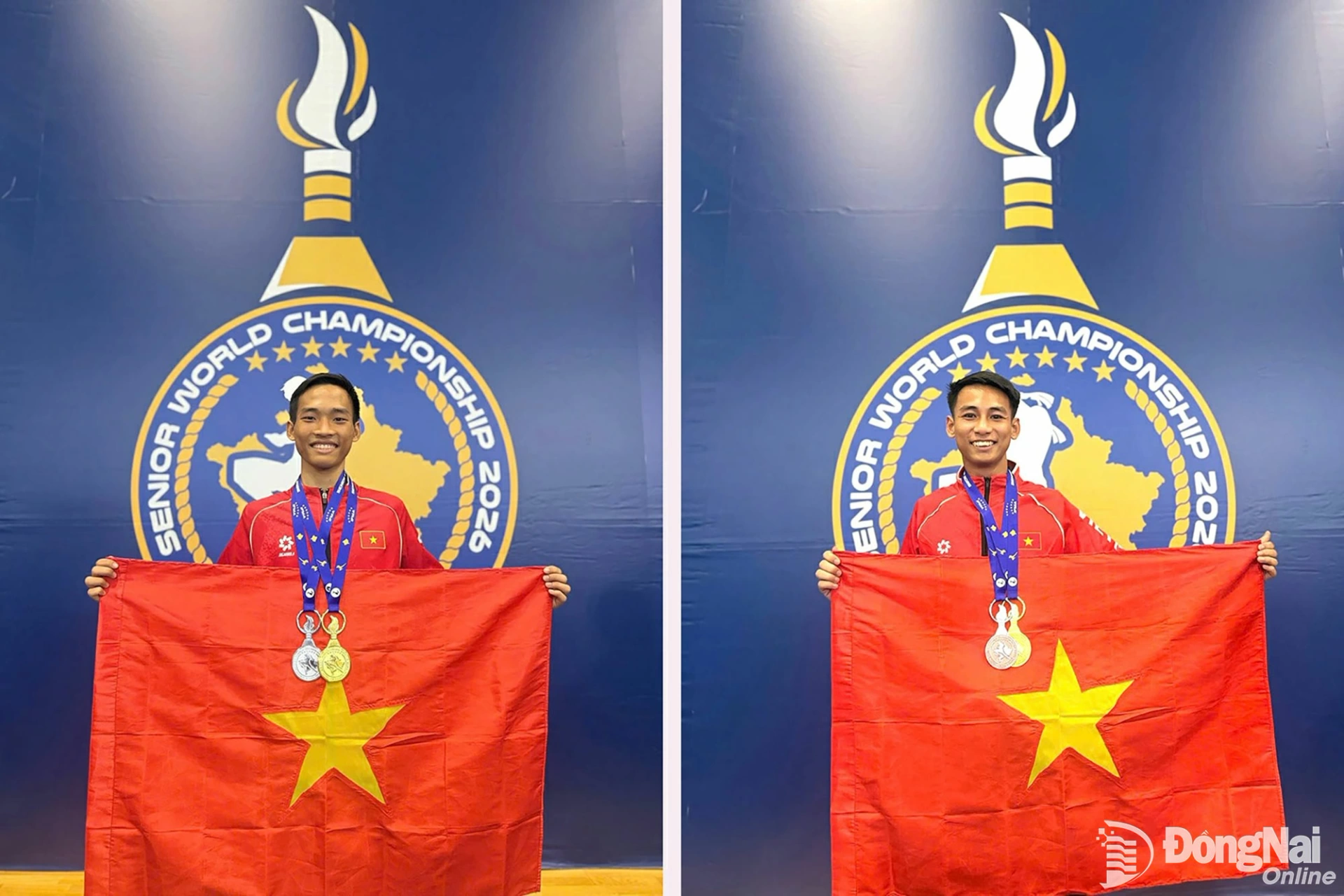 Dong Nai City fighters Nguyen Hoang Son (left) and Pham Hong Son both won gold medals at the 2026 Muay World Championships.