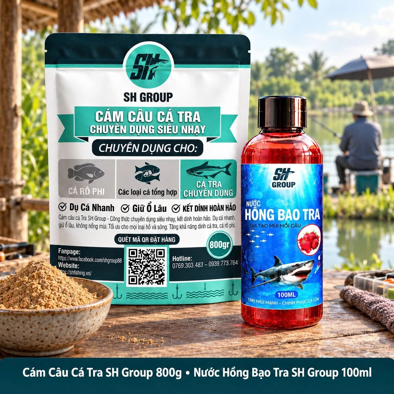 Cám Câu Cá Tra SH Group Chuyên Dụng Siêu Nhạy 800g và Nước Hồng Bạo Tra SH Group 100ml.
