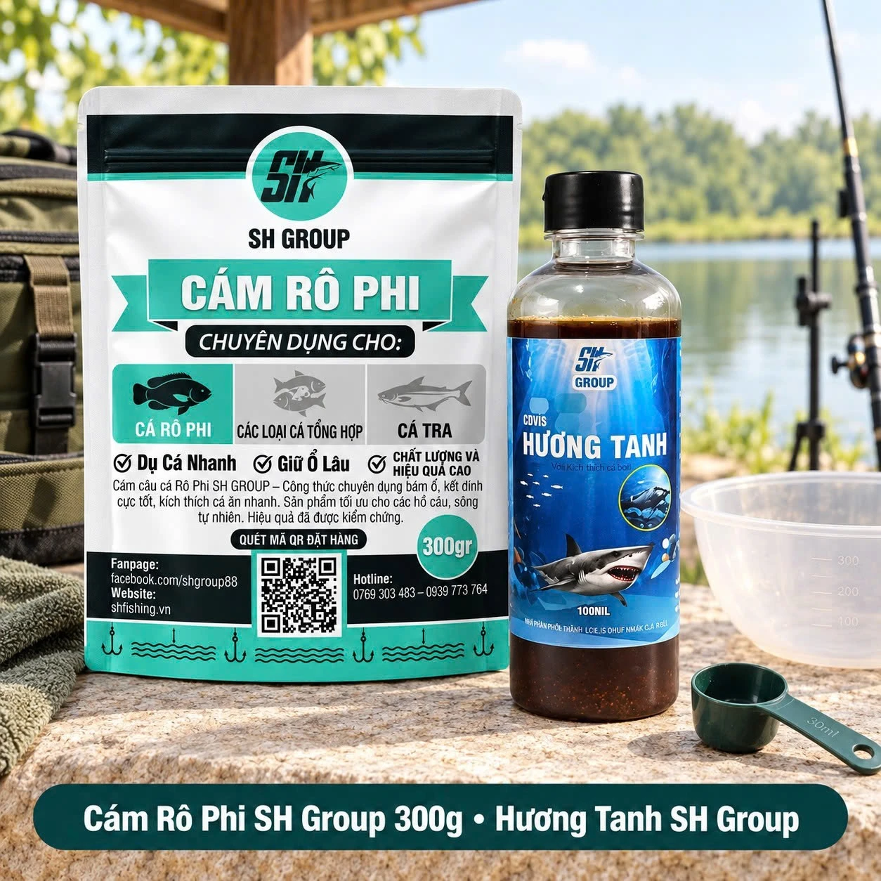 Cám Rô Phi SH Group 300g và Hương Tanh SH Group được trưng bày cùng dụng cụ chuẩn bị mồi.