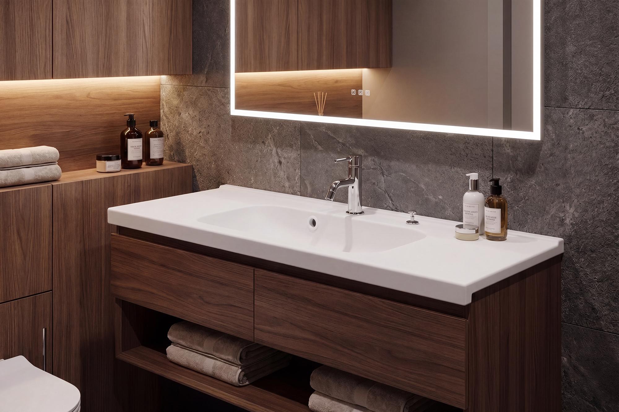Lavabo liền khối cỡ nhỏ cho phòng vệ sinh - cùng nguyên tắc không mối nối ở mọi kích thước.