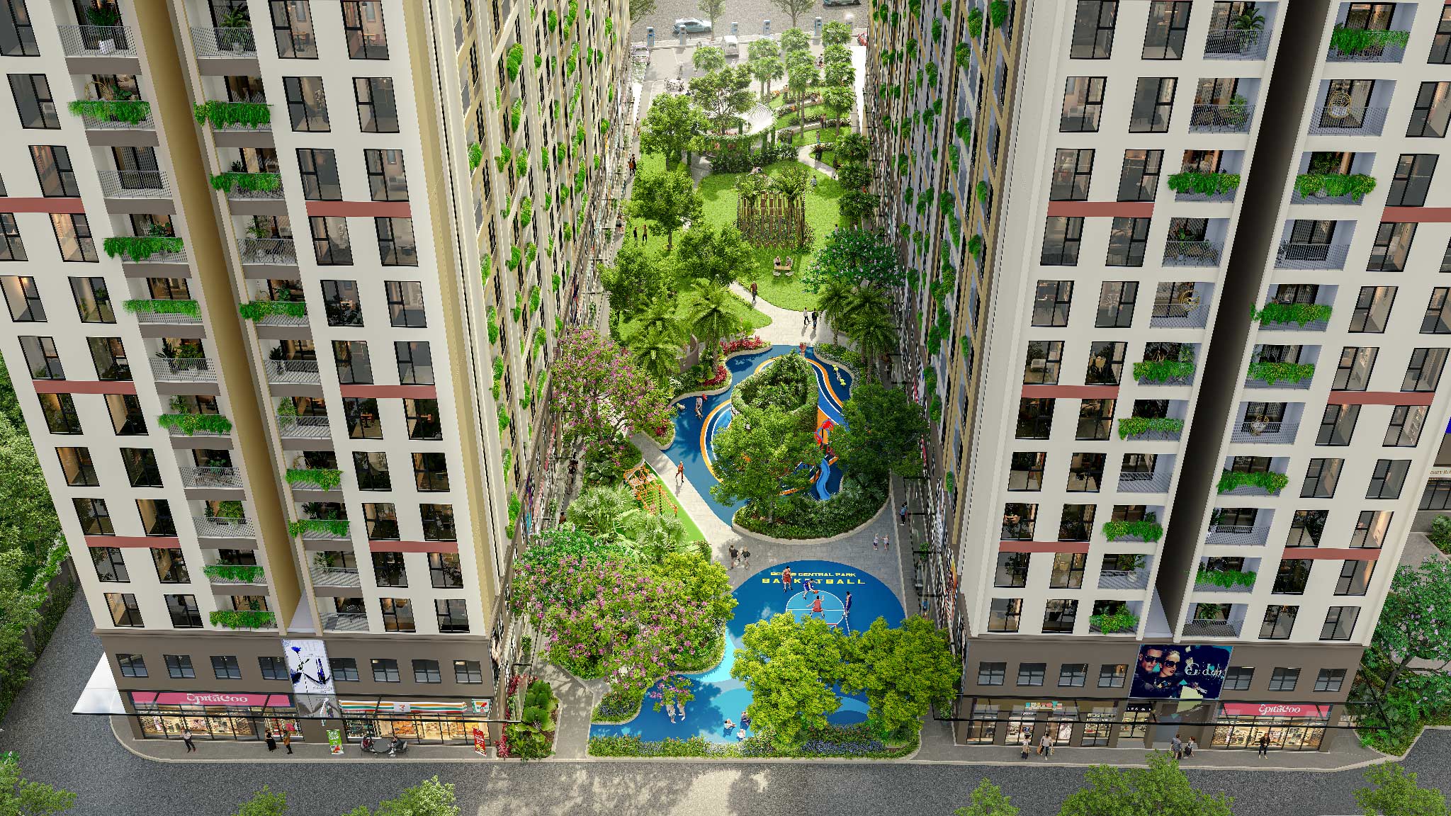 Hệ thống công viên, khu vui chơi, khu thể thao cùng thương mại, dịch vụ tích hợp trong khuôn viên, mang đến không gian sống thuận tiện cho cả gia đình tại Bcons Central Park.