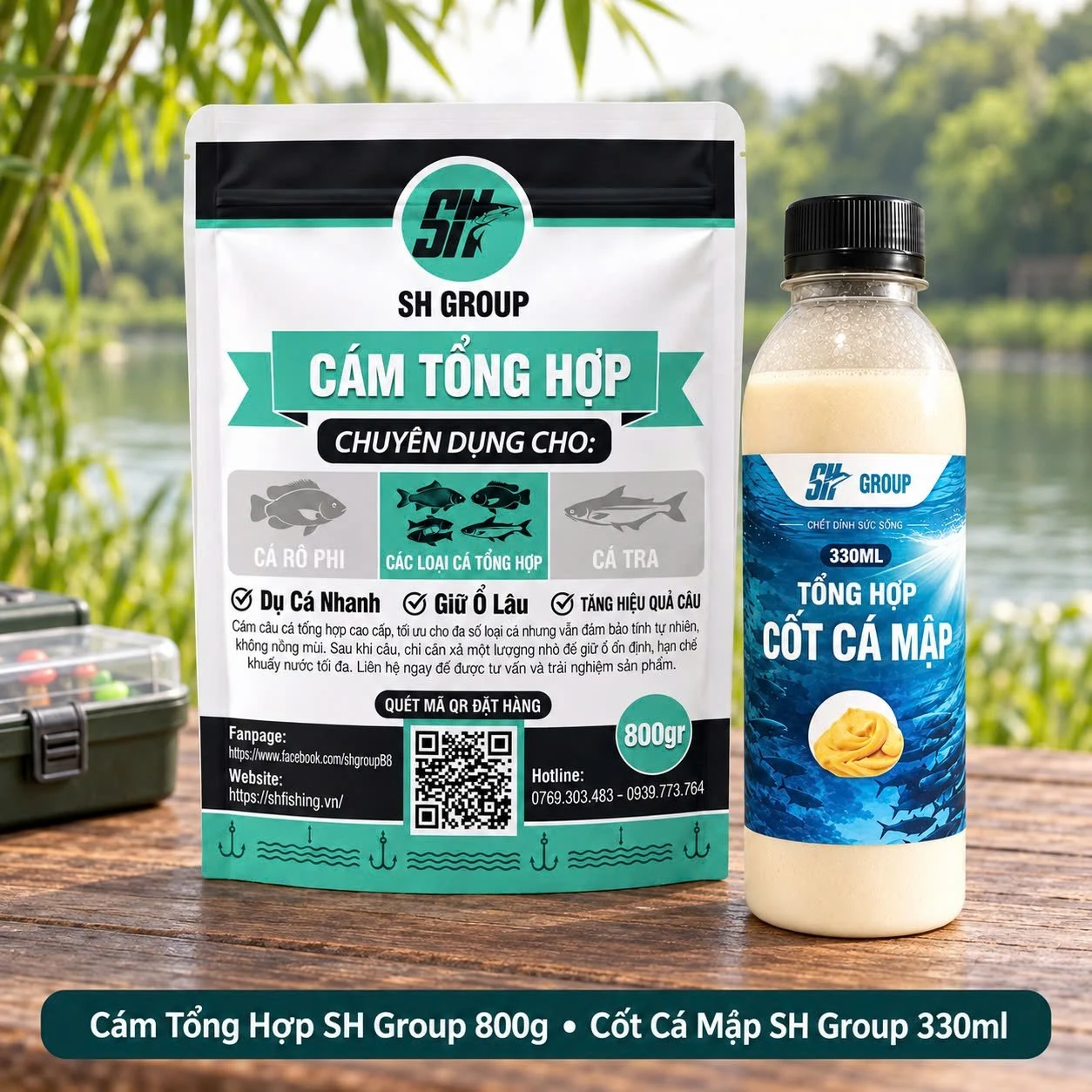 Cám Tổng Hợp SH Group 800g và Cốt Cá Mập SH Group 330ml với tên và quy cách thể hiện trên bao bì.