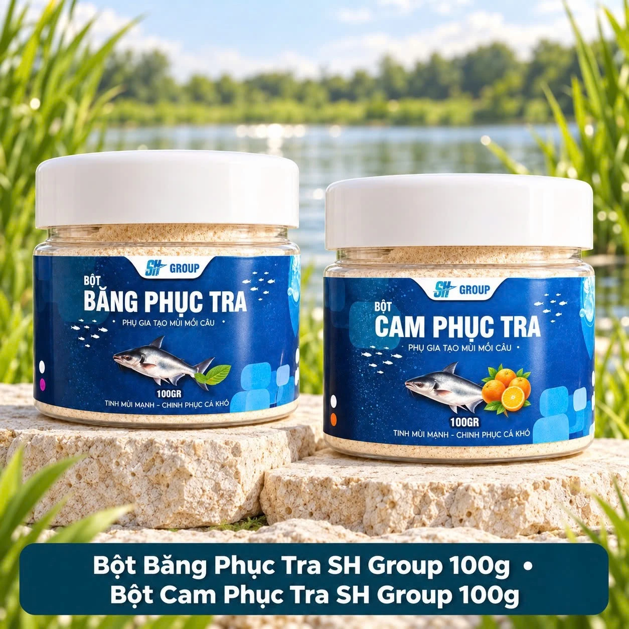 Bột Băng Phục Tra và Bột Cam Phục Tra SH Group, mỗi hũ có quy cách 100g.