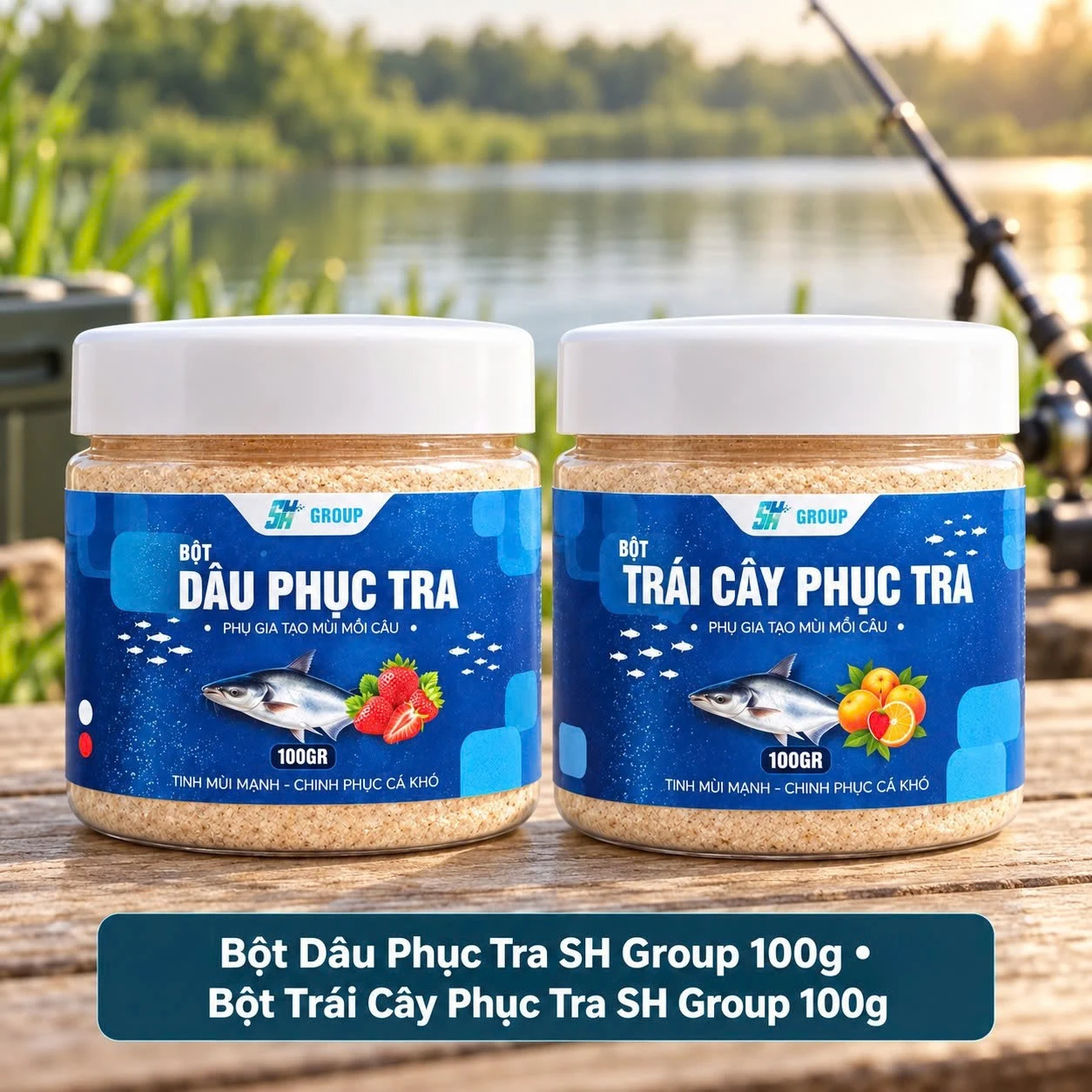 Bột Dâu Phục Tra và Bột Trái Cây Phục Tra SH Group, mỗi hũ có quy cách 100g.