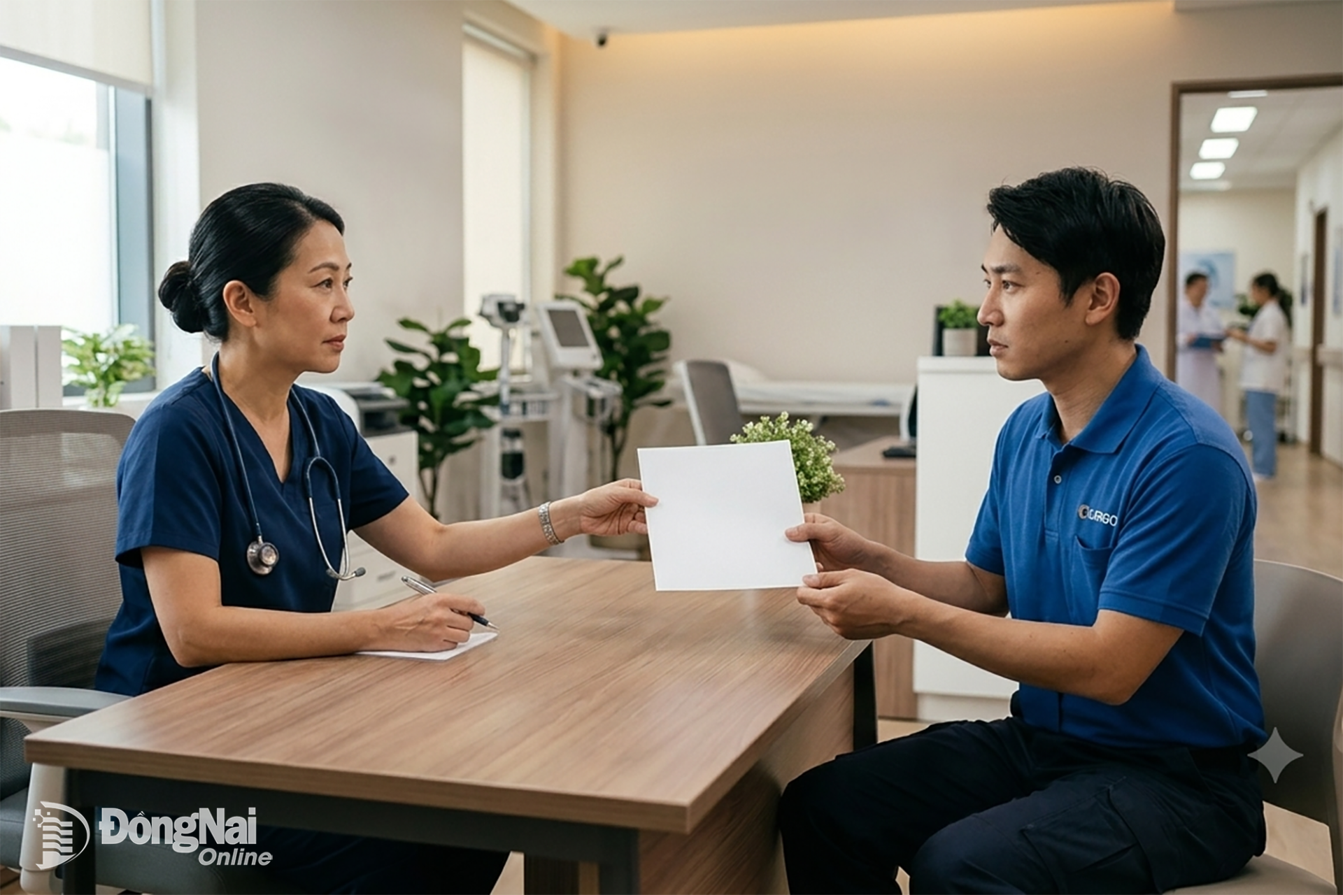 Bác sĩ cấp giấy nghỉ ốm hưởng BHXH cho người lao động. Ảnh minh họa: AI