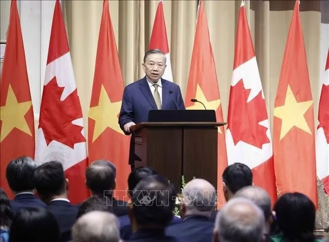 Tổng Bí thư, Chủ tịch nước Tô Lâm phát biểu chính sách Quan hệ đối tác chiến lược Việt Nam – Canada trong bối cảnh thế giới đầy biến động”. Ảnh: Thống Nhất/TTXVN
