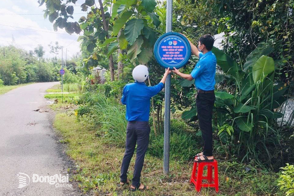 Thanh niên H.Định Quán tham gia góp sức xây dựng tuyến đường sáng - xanh - sạch - đẹp trên địa bàn xã Gia Canh. Ảnh: HOÀNG QUÂN