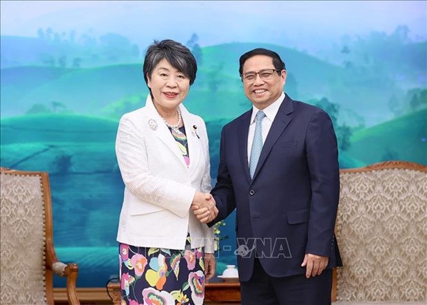 PM Pham Minh Chinh (R) welcomes Japanese Foreign Minister Kamikawa Yoko in Hanoi on October 10. 
