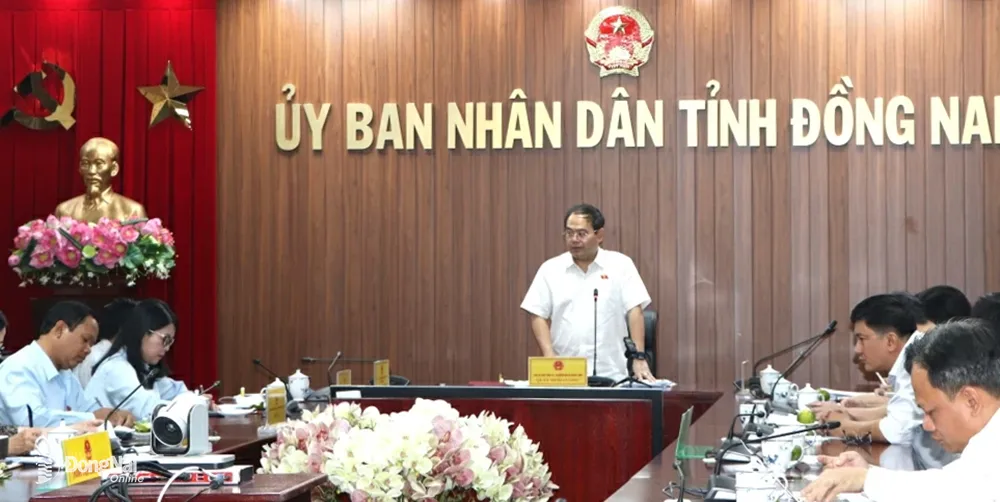 Phó bí thư Tỉnh ủy, Trưởng đoàn Đại biểu Quốc hội tỉnh Quản Minh Cường phát biểu tại buổi làm việc với UBND tỉnh