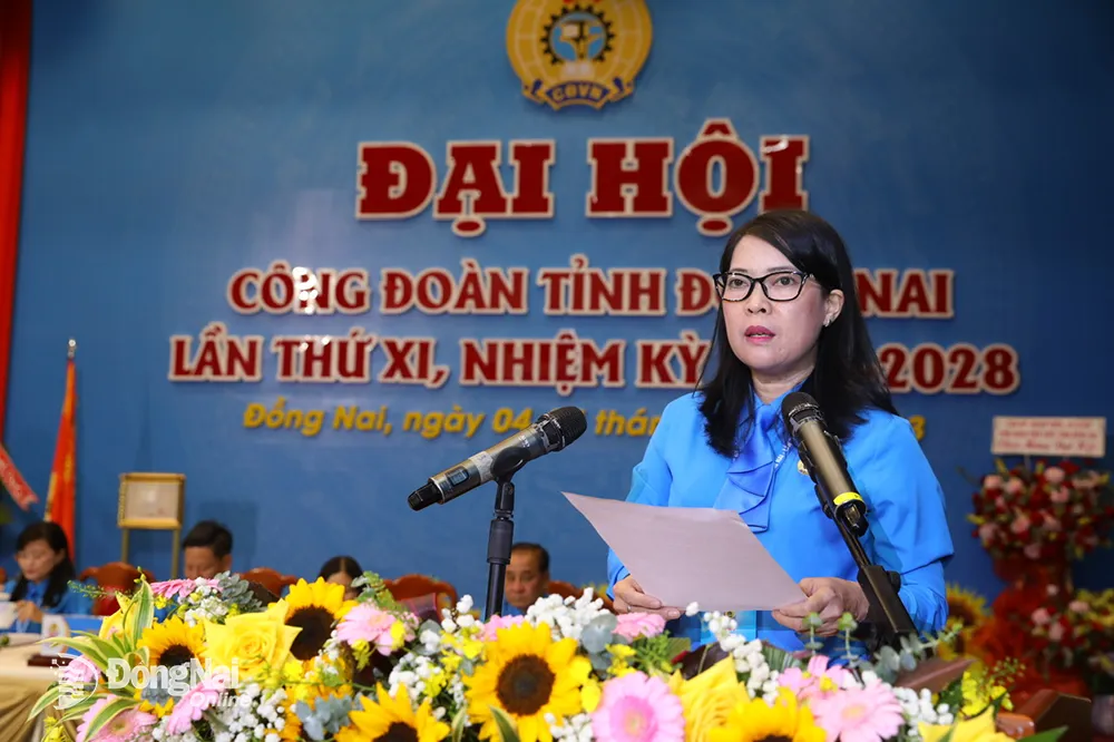 Chủ tịch Liên đoàn Lao động tỉnh Nguyễn Thị Như Ý phát biểu tại Đại hội