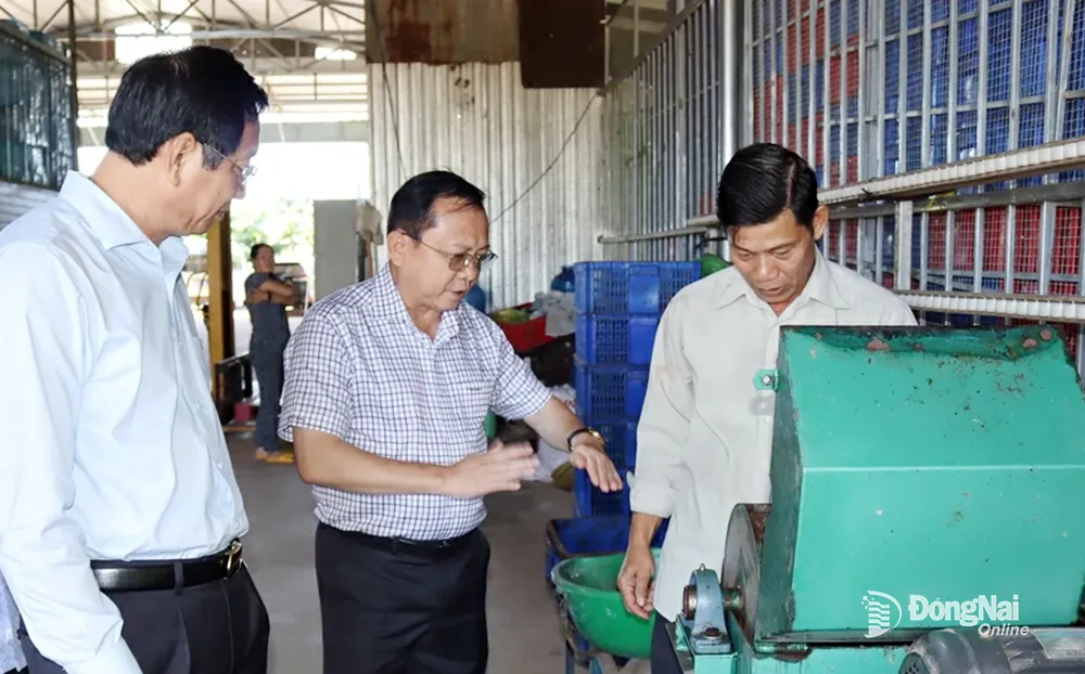 Lãnh đạo UBND 2 tỉnh Đồng Nai và Bạc Liêu tìm hiểu về máy đánh sợi từ bẹ chuối tại HTX Nông nghiệp tổng hợp Thanh Bình