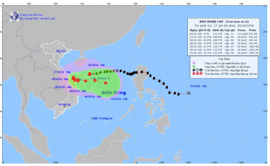 Bão số 6 ( bão Trà Mi) sẽ đi vào vùng biển trung Trung bộ, nhiều tỉnh mưa lớn từ tối 26-10